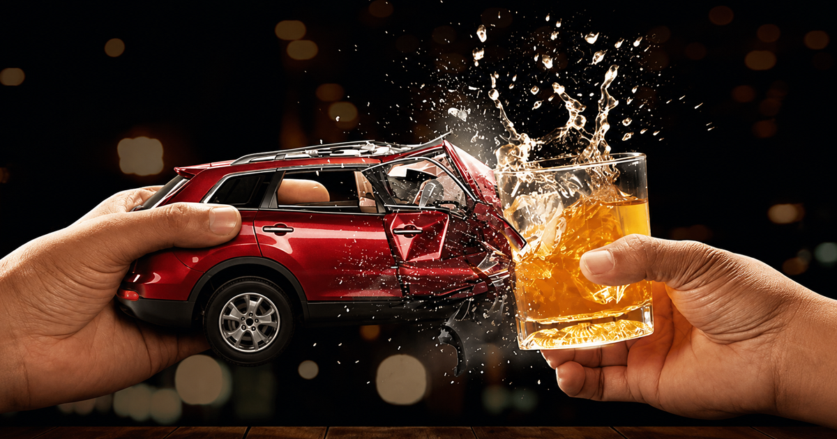Red toy SUV crashing into a whiskey glass held in two hands, with liquid splashing dramatically.