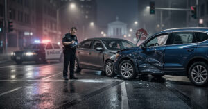 Police officer documenting a two-car collision at an intersection.