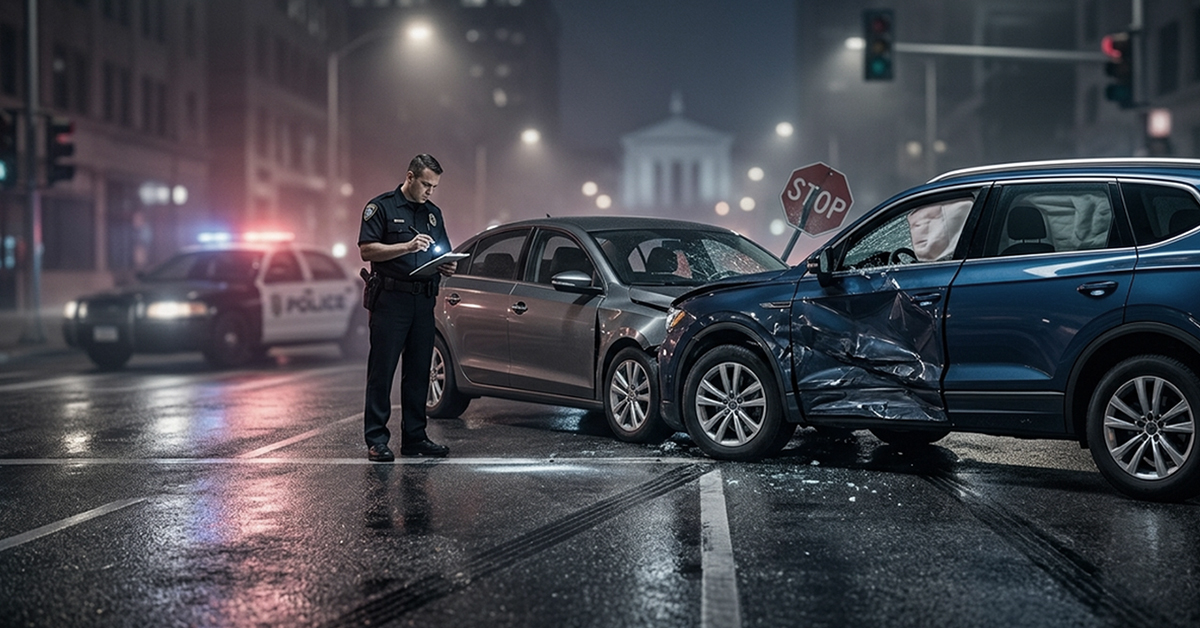 Police officer documenting a two-car collision at an intersection.