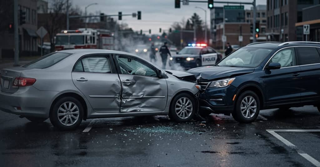 Two damaged cars collided at a city intersection with police.