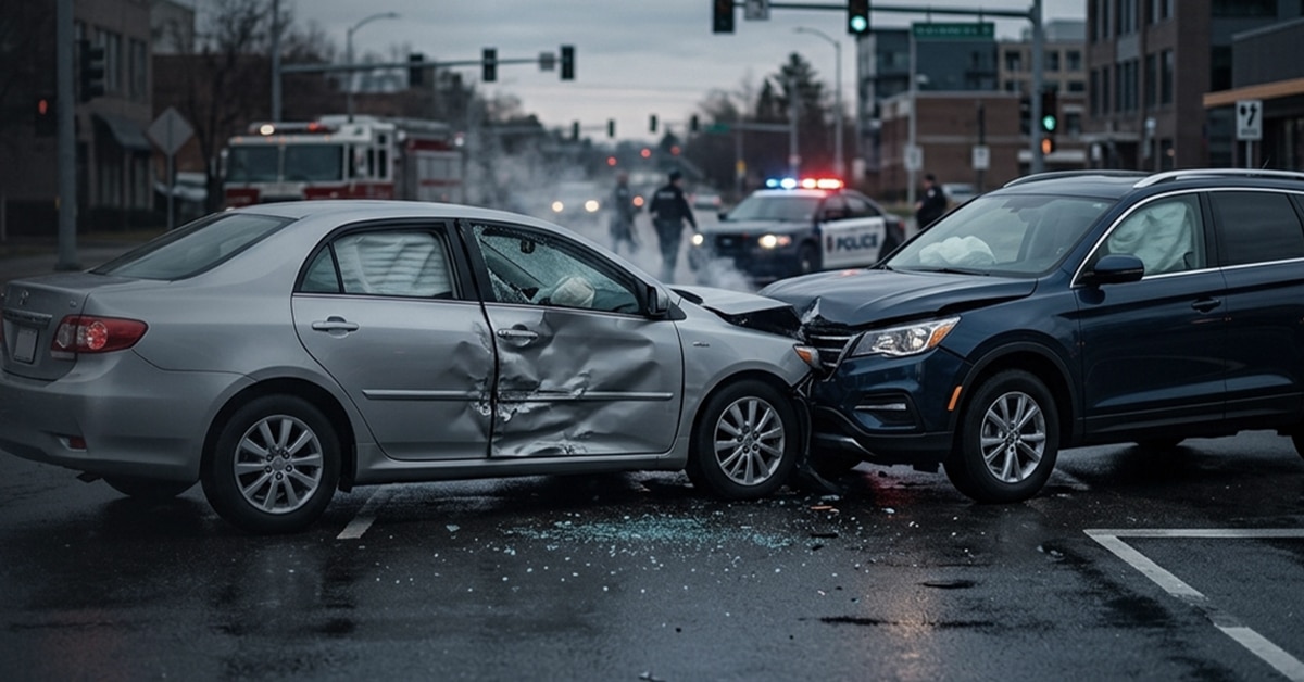 Two damaged cars collided at a city intersection with police.
