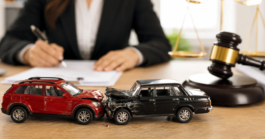 Toy cars crashed on a desk beside a gavel, with a blurred female lawyer writing in the background.