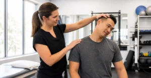 Therapist guiding patient through supervised neck rehabilitation exercises in clinic.