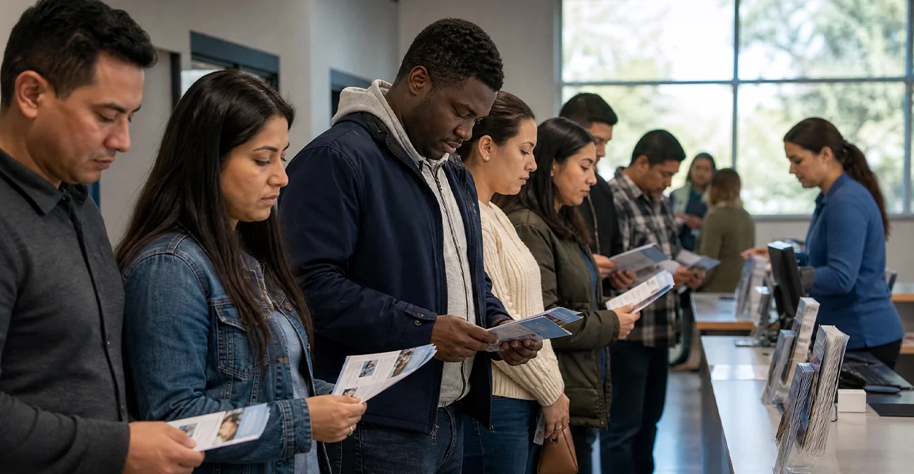 Diverse group of individuals standing in line at the community center.