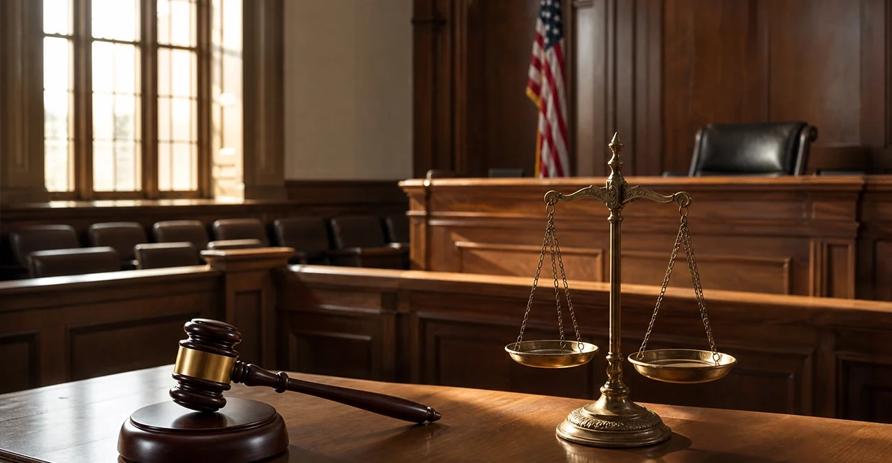 Realistic courtroom interior with judge's bench, gavel, and justice scales.