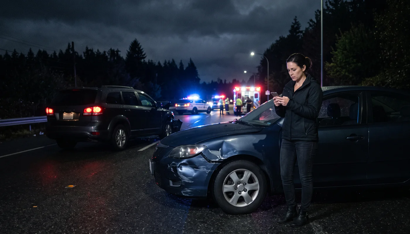 Woman using smartphone next to damaged car at night