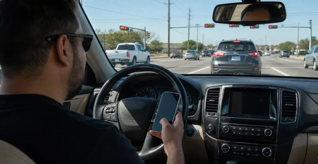 Driver stopped safely at the traffic light, holding a smartphone near the steering.