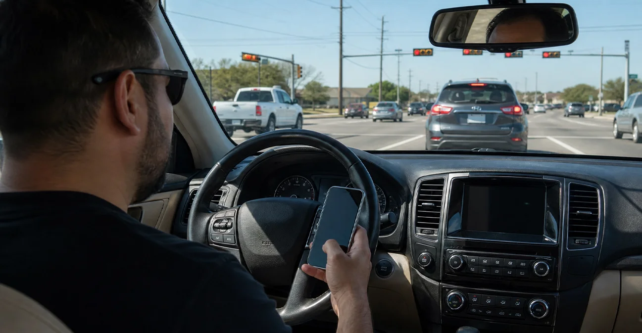 Driver stopped safely at the traffic light, holding a smartphone near the steering.