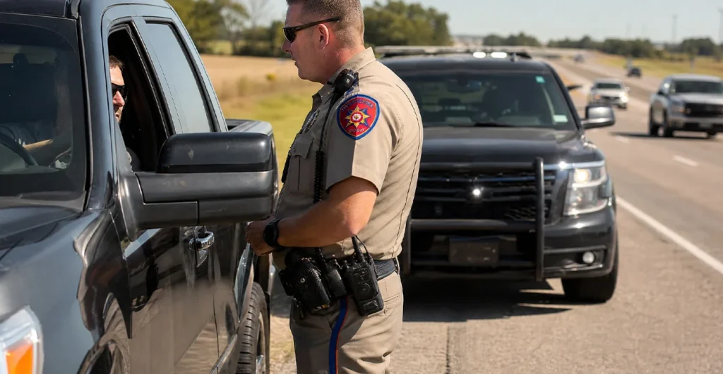 Police officer professionally speaking with driver during roadside traffic stop.
