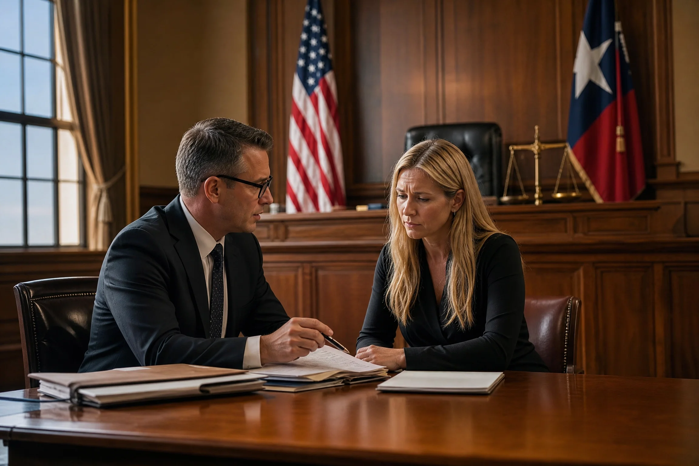 A professional courtroom scene in a modern Texas courthouse.