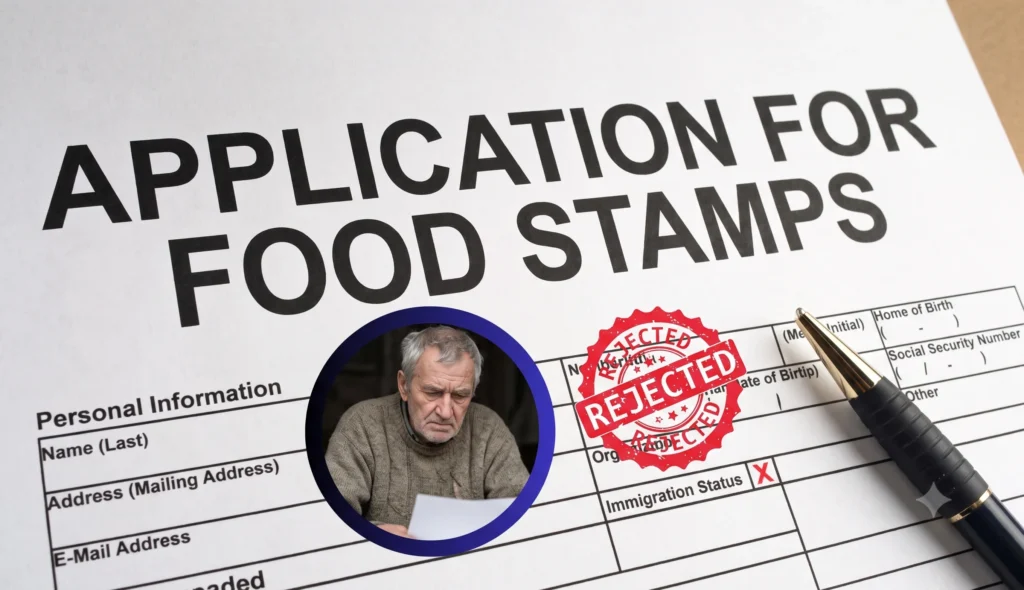 Food stamps application form stamped rejected beside a concerned man.