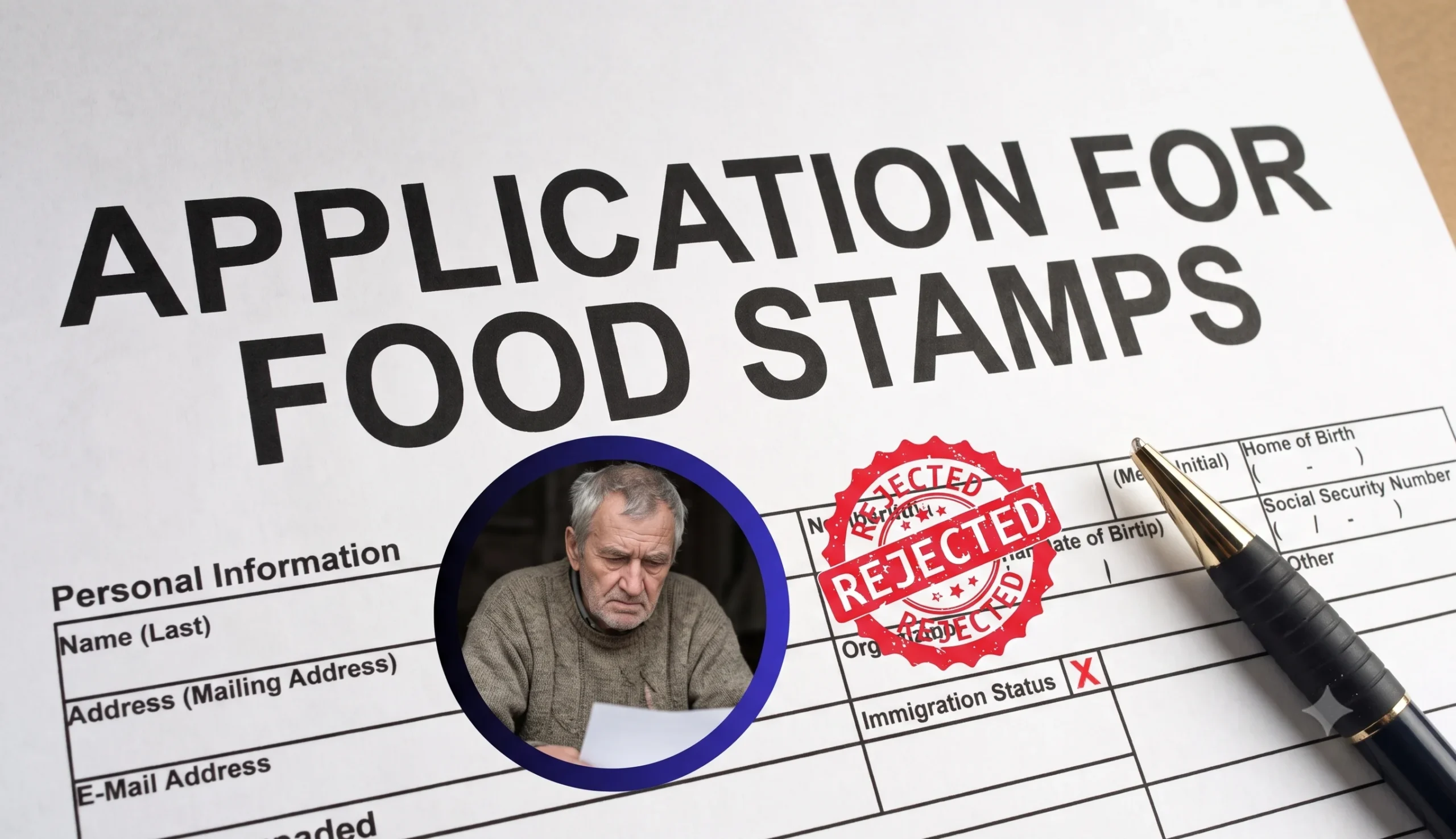 Food stamps application form stamped rejected beside a concerned man.