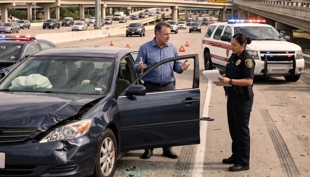 Driver explaining car accident details to police officer on highway
